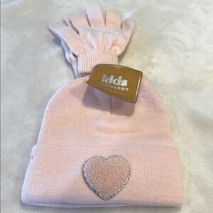 Kids Inmocean Pink knit Hat and Gloves Set fuzzy heart patch soft warm Age 5 up